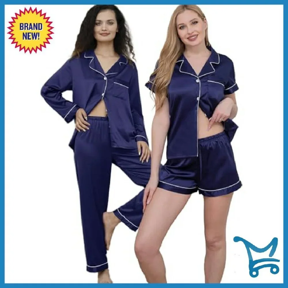 Women's 5-Piece Satin Pajama Set with Headband, XS-2XL